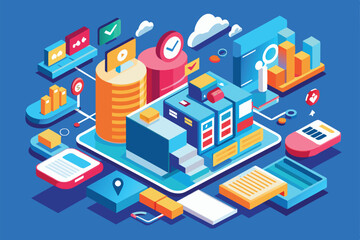 Obraz premium A colorful isometric illustration depicts instant information sharing and data analysis with various icons, Instant information Customizable Isometric Illustration