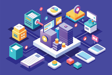 Obraz premium A colorful, isometric illustration showcasing a network of connected devices and servers in a data center, Instant information Customizable Isometric Illustration