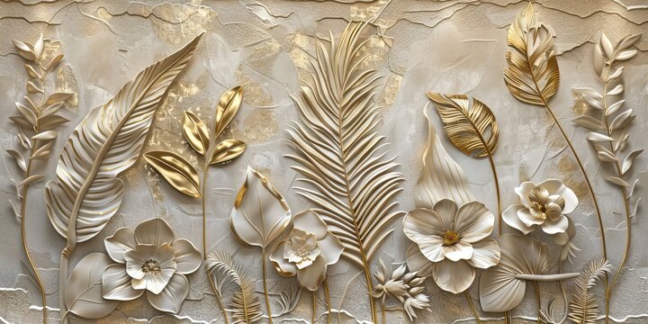 Fototapeta Gold floral plants and palm leaves Wallpaper Mural, 3d illustration, grey background, abstract tropical leaves, banana leaves with 3d lines. AI generated illustration