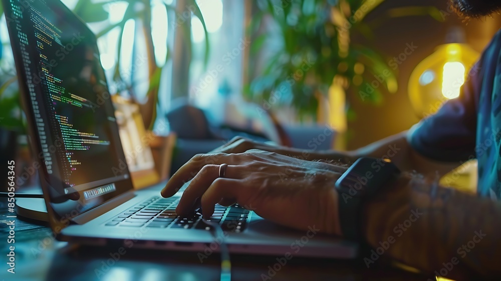 Aufkleber Close up of freelancers developer hands typing program code on laptop keyboard in coworking Businessman at work in working in office Copywriter writing text on computer keyboard in cof : Generative AI