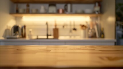 Obraz premium Selective focusWood table top on blur kitchen counter backgroundFor montage product display or design key visual layout : Generative AI