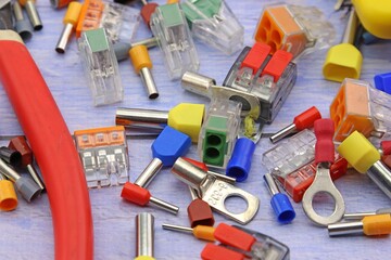 Materials for electrical installation work during the assembly of electrical equipment. Close-up....