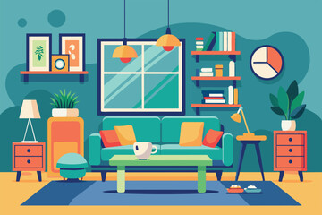 A flat illustration of a living room interior with a green sofa, a coffee table, and a window, Interior design Customizable Flat Illustration