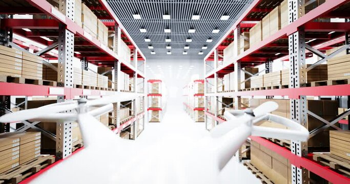 Drone transports goods in a warehouse. Warehouse and many parcel boxes on shelves and pallets. Stock system in the warehouse. 3d rendering