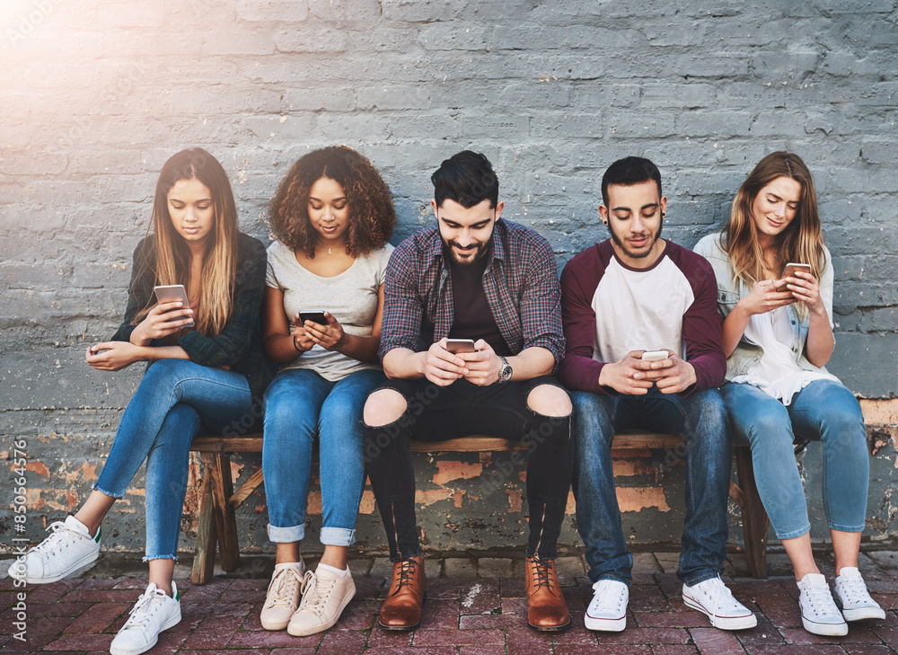 Poster students, row and outdoor with smartphone on bench for study break, social media and campus friends.