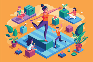 Isometric illustration of people practicing yoga outdoors, International day of yoga Customizable Isometric Illustration
