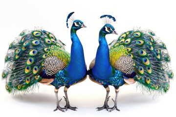Obraz premium Two majestic peacocks stand side by side, showcasing their vibrant plumage and impressive courtship displays