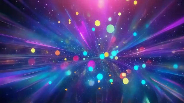 A dynamic image showcasing vibrant neon lights in an explosion of colors, featuring particles and streaks of light against a dark background. This cosmic scene captures the essence of a colorful