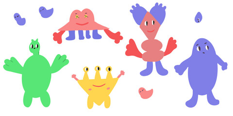 Fototapeta premium Set of colored monsters kid isolated. Set of cute monsters with happy face emotions. Bizzare kind characters in flat style. Adorable childish creatures in pastel colors. Hand drawn comic beasts isolat
