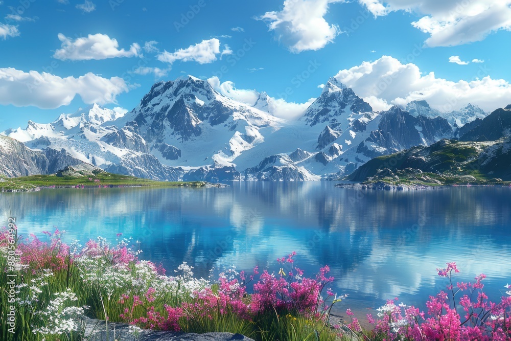 Poster a scenic view of a mountain range with a lake and flowers in the foreground
