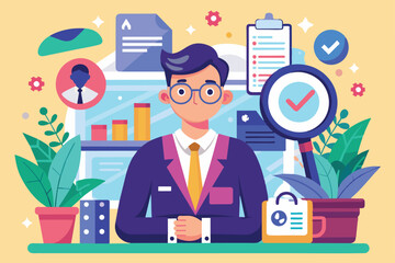 Confident job seeker in a suit with customized resume, cover letter and checkmark magnifying glass illustration, Job hunt Customizable Disproportionate Illustration