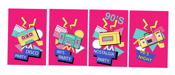 90s music background. Retro disco posters set with y2k or 00s elements. Game or music equipment, laptop from 90s. Bright background for social network.