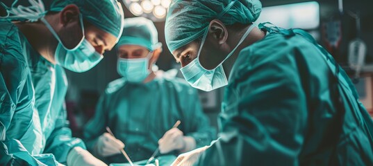 Hospital operating room with portrait of surgeon conducting surgery for medical procedures