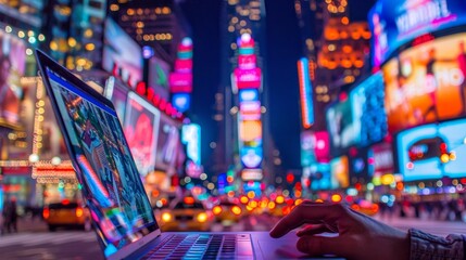Obraz premium Seamless fusion hand on laptop, city live stream tech and entertainment blend
