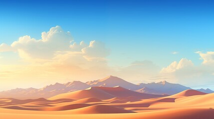 Fototapeta premium illustration of desert dune landscape at sunset against mountains under blue sky.