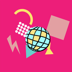 90s music background. Retro disco banner with y2k or 00s elements. Game or music equipment, laptop from 90s. Bright banner for social network.