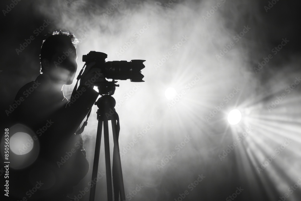 Poster a person standing next to a camera set up on a tripod, ready to take a shot