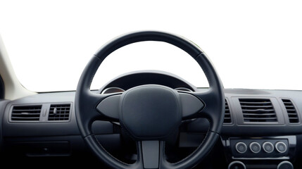 Black car dashboard cockpit with steering wheel isolated on transparent background. Automobile transport vehicle interior inside, road travel first person view perspective, windshield