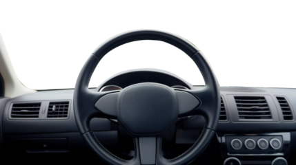 Black car dashboard cockpit with steering wheel isolated on transparent background. Automobile transport vehicle interior inside, road travel first person view perspective, windshield
