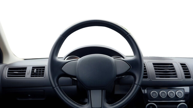 Black car dashboard cockpit with steering wheel isolated on transparent background. Automobile transport vehicle interior inside, road travel first person view perspective, windshield