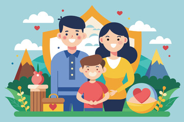 A happy family of three smiles together in a vivid, illustrated scene, representing unity and happiness, Moment to remember Customizable Flat Illustration