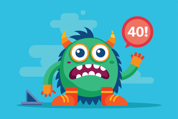 A cartoon green monster with horns and a speech bubble saying 40!, Monster 404 error Customizable Cartoon Illustration