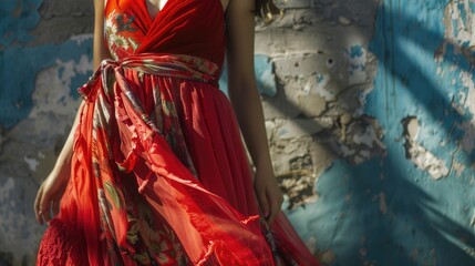 A woman in a red dress stands in front of a wall