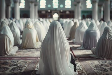 Group of women dressed in traditional white veils seated in a quiet room, ideal for use in cultural or historical contexts