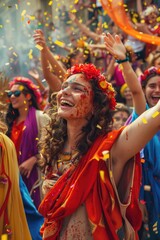 Naklejka premium A group of people celebrating with confetti, suitable for party or event stock photos