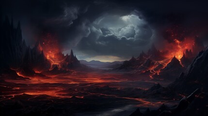 illustration of flowing and cold magma from volcano under gloomy dark sky.