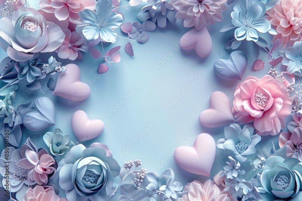 Sticker A heart surrounded by flowers and hearts on a blue background, suitable for romantic or love-themed illustrations