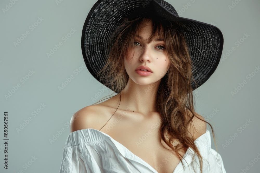 Wall mural A woman wearing a black hat and a white shirt, possibly outdoors