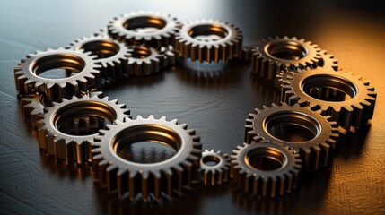 A studio photo of gears arranged in a circular formation, with soft lighting accentuating their intricate details