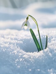 A single snowdrop flower in dazzlingly white snow, without any shadows, under bright midday sunlight