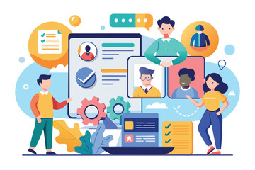 A colorful illustration depicts an onboarding process with diverse team members interacting online, Onboarding Customizable Disproportionate Illustration