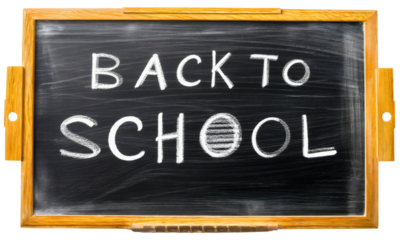 Text back to school written on blackboard or chalkboard object isolated on transparent background. Lesson learning and teaching, education concept