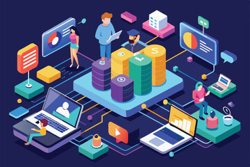 Fototapeta premium A colorful isometric illustration depicting people using laptops and other devices connected by a network of lines and icons, Online connection Customizable Isometric Illustration
