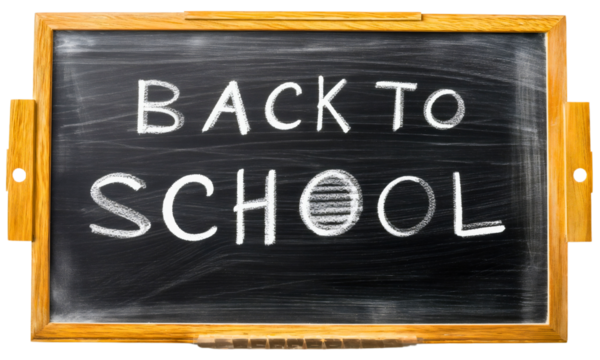 Text back to school written on blackboard or chalkboard object isolated on transparent background. Lesson learning and teaching, education concept