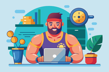 A cartoon illustration of a muscular man using a laptop for an online personal training session, Online personal trainer Customizable Cartoon Illustration