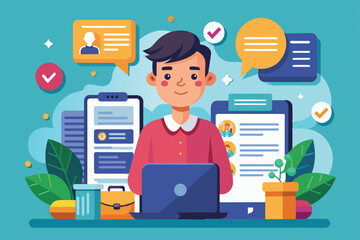 Fototapeta premium Illustration of a man creating his resume online with a laptop, Online resume Customizable Cartoon Illustration