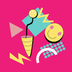 90s music background. Retro disco banner with y2k or 00s elements. Game or music equipment, laptop from 90s. Bright banner for social network.