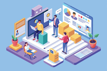 An isometric illustration depicting a modern online resume platform with diverse individuals interacting with the platform, Online resume Customizable Isometric Illustration