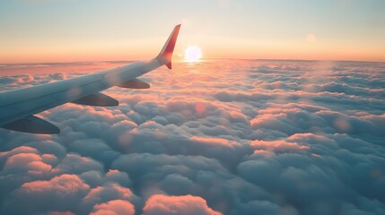 Beautiful sunset sky above clouds with dramatic light Cabin view from airplane : Generative AI