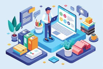 An isometric illustration depicting a man working on a laptop computer, surrounded by office supplies and a stack of books, Online resume Customizable Isometric Illustration