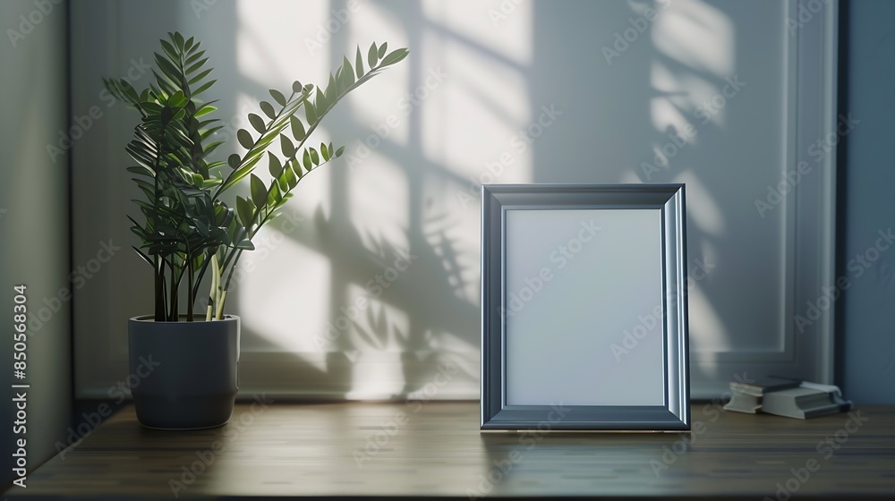 Poster Blank silver picture frame at the desk with clipping path : Generative AI