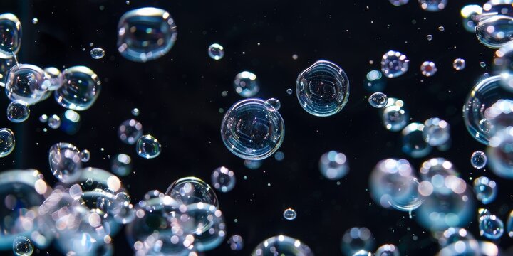 many air bubles from several sizes, inside a water aquarium on a black background, 
