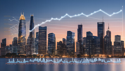 a city skyline at dusk, with illuminated buildings and a transparent overlay of graphs and financial data, conveying the concept of urban economic development 