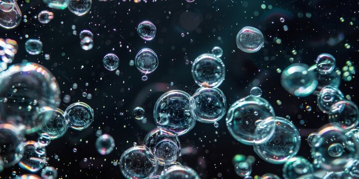 many air bubles from several sizes, inside a water aquarium on a black background, 