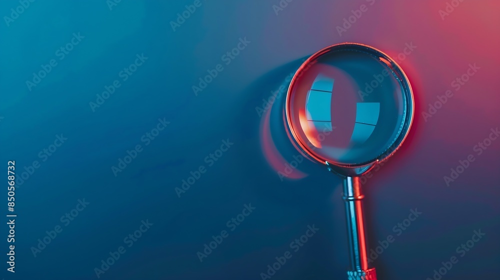Poster Target board inside of magnifier glass for focus business objective achievement concept on blue background and copy space Search goal strategy success : Generative AI