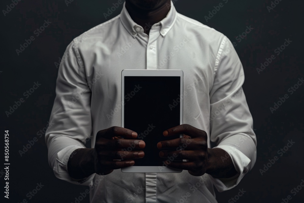 Poster a person holding a tablet computer, possibly browsing or working